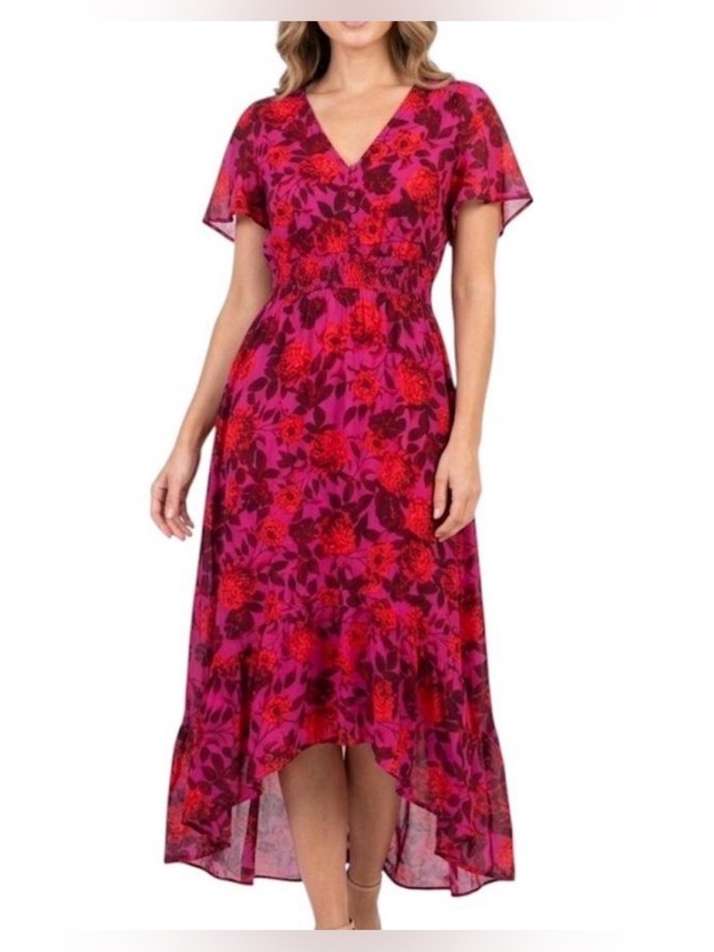 Abel The Label Floral V-Neck High-Low Dress in Fuchsia and Red S